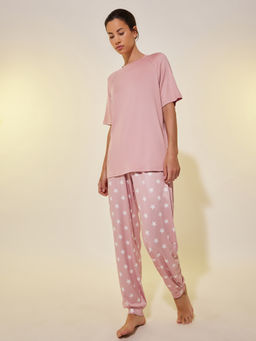 Styli - Women Peach Solid Round Neck Short Sleeve T-Shirt And Jogger