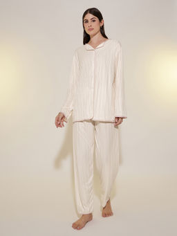Styli - Women Beige Striped Long Sleeve Shirt And Pyjama