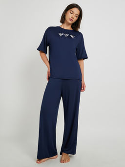 Styli - Women Navy Blue Graphic Printed Short Sleeve T-Shirt And Pyjama