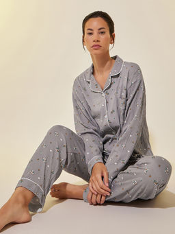 Styli - Women Grey Graphic Print Buttoned Shirt And Pyjama