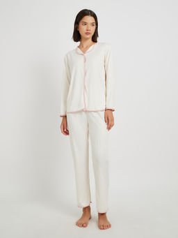 Styli - Women Beige Solid Long Sleeve Shirt And Pyjama