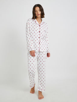 Styli - Women Heart Printed Long Sleeve Shirt And Pyjama
