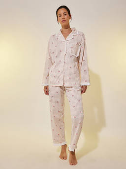Styli - Women Lace Trim Checked Buttoned Shirt And Pyjama