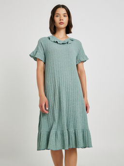 Styli Elevate - Women Green Ribbed V Neck Ruffle Detail Nightdress
