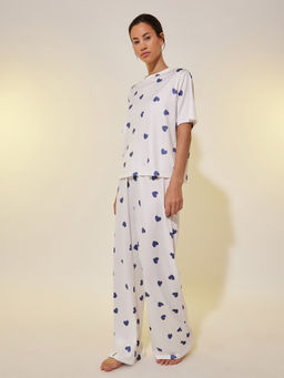 Styli - Women Heart Printed Round Neck T-Shirt And Pyjama