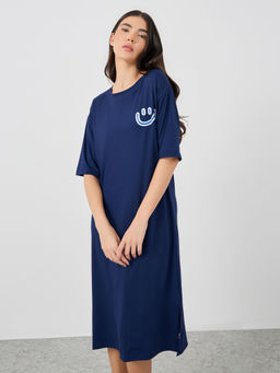 Styli Elevate - Women Navy Blue Graphic Printed Side Slit Cut Nightdress
