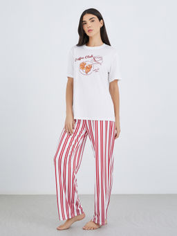 Styli - Women Graphic Print T-Shirt And Striped Pyjama