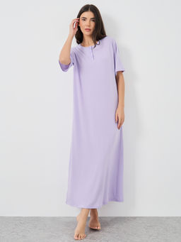 Styli - Women Solid Button Detail Round Neck Nightdress