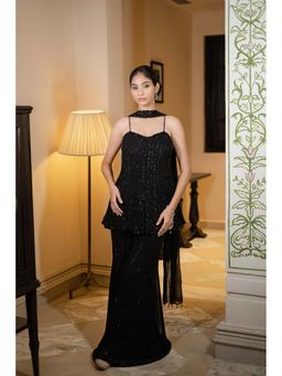 Label Aparna Rawat - Midnight Black Sequin Embroidered Top with Palazzo and Dupatta