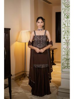 Label Aparna Rawat - Coffee Brown Sequin Embroidered Sharara with Kurti and Dupatta