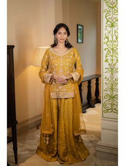 Label Aparna Rawat - Mustard Embroidered Kurti with Palazzo and Dupatta