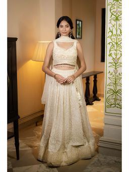 Label Aparna Rawat - Ivory Pearl Embroidered Lehenga with Blouse and Dupatta