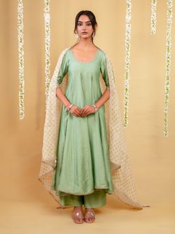 GRASS & SUNSHINE - Green Aqua Serenity Anarkali With Pant And Dupatta