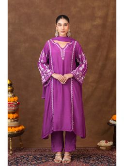 Gharana India - Muslin A Line Purple Kurta With Pant Dupatta