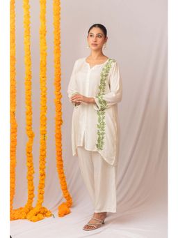 Gharana India - Ivory Natural Muslin Leaf Pattern Co-Ord Set