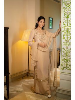 Label Aparna Rawat - Beige Embroidered Kurta with Palazzo and Dupatta