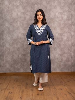 Spring Soul - Navy Blue Kantha Cotton Kurta With Pant