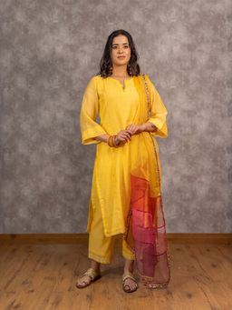 Spring Soul - Yellow Embellished A-Line Kurta With Pant And Dupatta