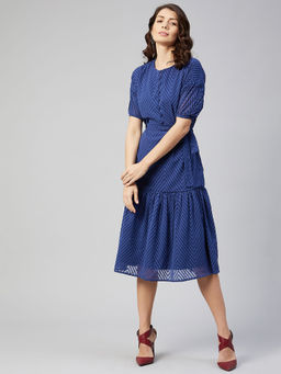 RARE - Women Casual Blue Colour Midi Self Design Dress