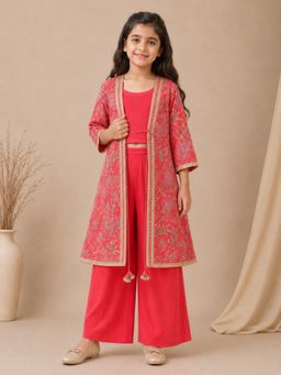 BITIYA BY BHAMA - Girls Red Top With Matching Palazzo And Printed Jacket
