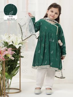 Little Bansi - Girls Cotton Ambi Zari Angrakha Kurta Set With Dupatta - Green