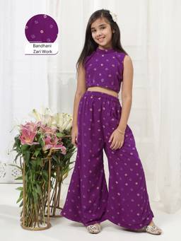 Little Bansi - Girls Cotton Bandhani Zari Sleeveless Top And Palazzo Set - Purple