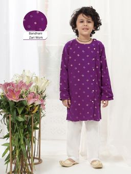 Little Bansi - Boys Cotton Bandhani Zari Kurta And Pyjama Set - Purple