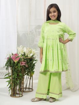 Little Bansi - Girls Cotton Jaipuri Zari Frock Kurta Set With Dupatta - Green