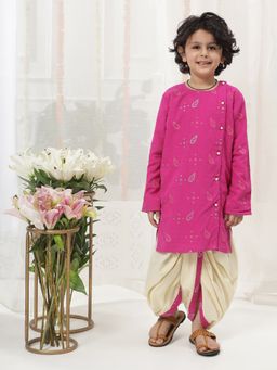 Little Bansi - Boys Cotton Ambi Zari Kurta With Dhoti Set - Hot Pink