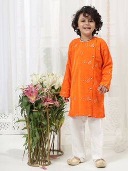 Little Bansi - Boys Cotton Ambi Zari Kurta And Pyjama Set - Orange