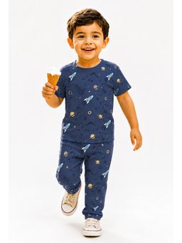 Protiens - Boys' Navy Blue Space And Galaxy Printed Night Suit