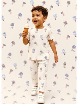 Protiens - Boys' Off-White Teddy Bear And Hot Air Balloon Printed Night Suit