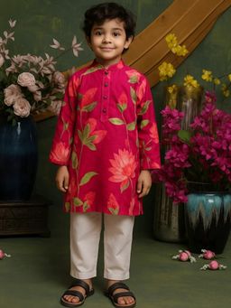 SAKA DESIGNS - Pure Cotton Woven Full Sleeves Floral Print Kurta And Pyjama Set - Red