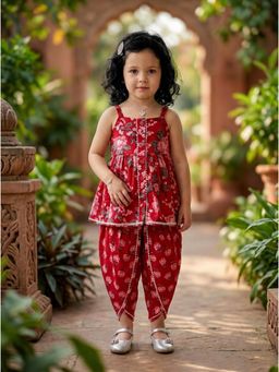 SAKA DESIGNS - Pure Cotton Woven Sleeveless Floral Print Kurta With Dhoti Set - Red
