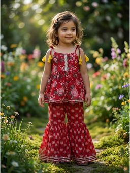 SAKA DESIGNS - Pure Cotton Woven Sleeveless Floral Print Kurta And Sharara Set - Red