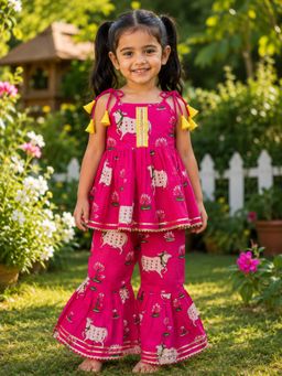 SAKA DESIGNS - Pure Cotton Woven Sleeveless Cow Print Kurta And Sharara Set - Magenta