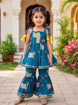 SAKA DESIGNS - Pure Cotton Woven Sleeveless Cow Print Kurta And Sharara Set - Teal Blue