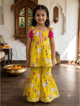 SAKA DESIGNS - Pure Cotton Woven Sleeveless Cow Print Kurta And Sharara Set - Yellow