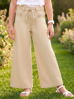 Arias by LARA DUTTA - Girls Cotton Elastane Denim Wide Leg Full Length Jeans Beige