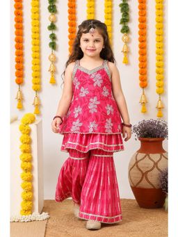 Titrit - Cotton Sleeveless Floral Lace Embellished Kurta And Sharara Set - Pink