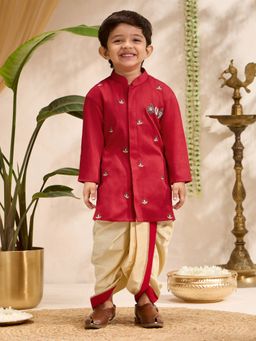 Vastramay - Red Cotton Silk Embroidered Thigh Length Kurta And Dhoti Set