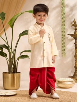 Vastramay - Gold Cotton Silk Embroidered Thigh Length Kurta And Dhoti Set