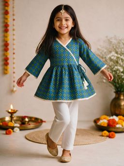 Vastramay - Blue Cotton Geometric Print Thigh Length Kurta