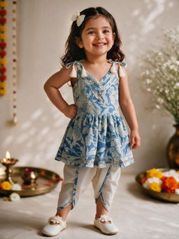 Vastramay - Blue Cotton Floral Print Thigh Length Kurta And Dhoti Set