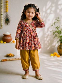 Vastramay - Red Cotton Ikkat Thigh Length Kurta And Pyjama Set