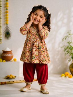 Vastramay - Mustard Cotton Ikkat Thigh Length Kurta And Pyjama Set