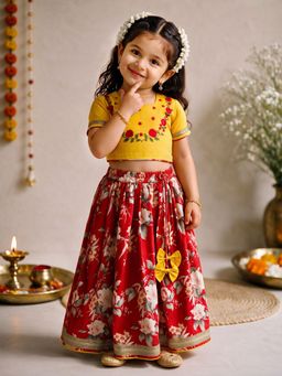 Vastramay - Red Cambric Floral Print Crop Lehenga Choli