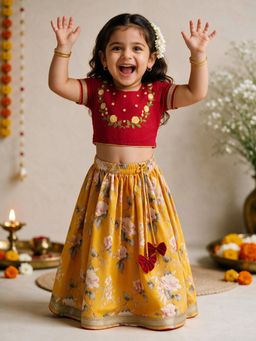 Vastramay - Yellow Cotton Floral Print Crop Lehenga Choli