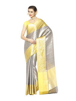 Banarasi Silk Works - Grey Zari Kanchi Silk Tanchoi Meena Saree with Unstitched Blouse