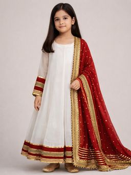 Tiny Pants - Girls White Anarkali Kurta with Pant & Dupatta